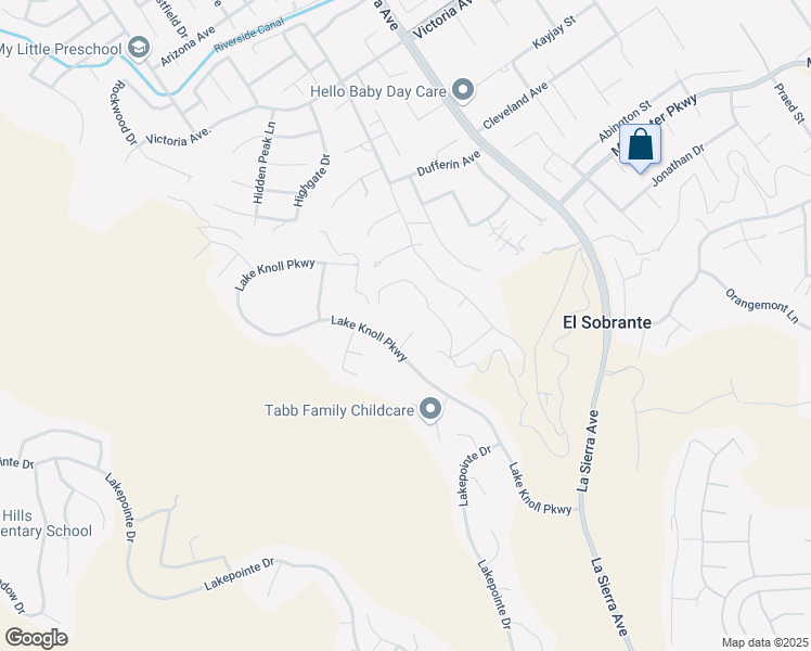 map of restaurants, bars, coffee shops, grocery stores, and more near 17474 Crestlake Lane in Riverside