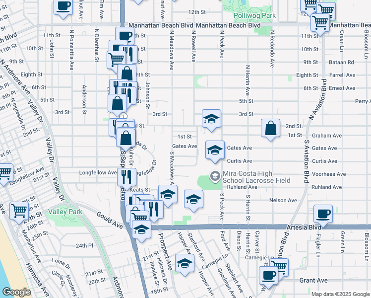 map of restaurants, bars, coffee shops, grocery stores, and more near 1330 Gates Avenue in Manhattan Beach