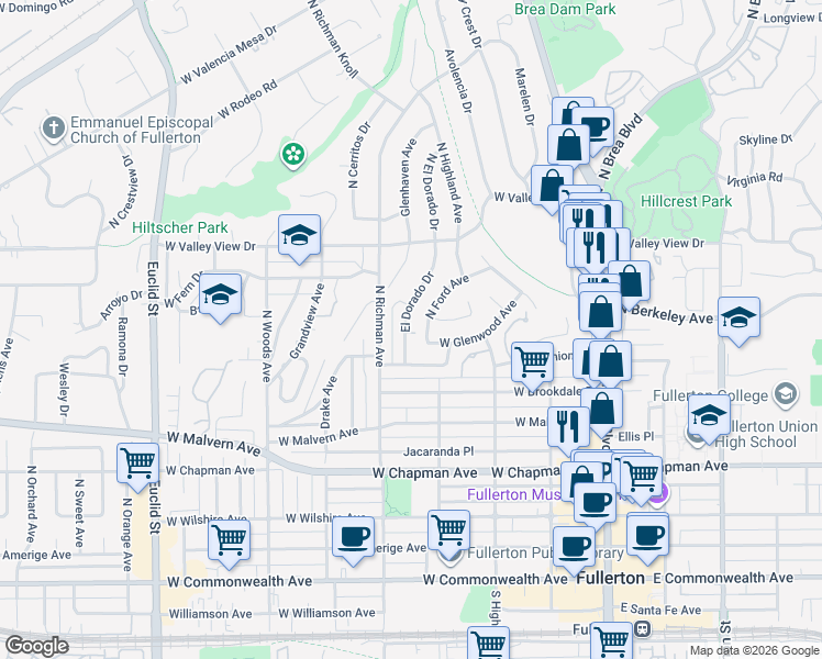 map of restaurants, bars, coffee shops, grocery stores, and more near 841 North Ford Avenue in Fullerton