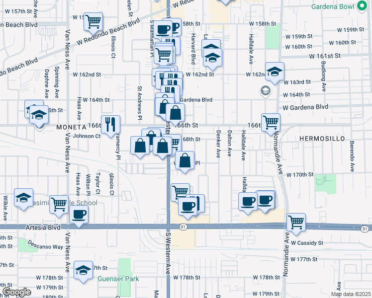 map of restaurants, bars, coffee shops, grocery stores, and more near 18606 South Hobart Boulevard in Gardena