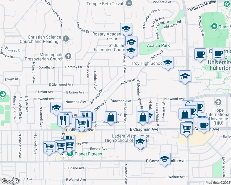 map of restaurants, bars, coffee shops, grocery stores, and more near 1601 East Union Avenue in Fullerton