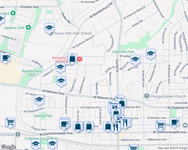 map of restaurants, bars, coffee shops, grocery stores, and more near 1107 Norby Lane in Fullerton