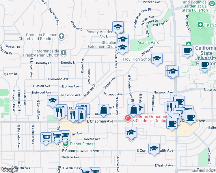 map of restaurants, bars, coffee shops, grocery stores, and more near 1601 East Union Avenue in Fullerton