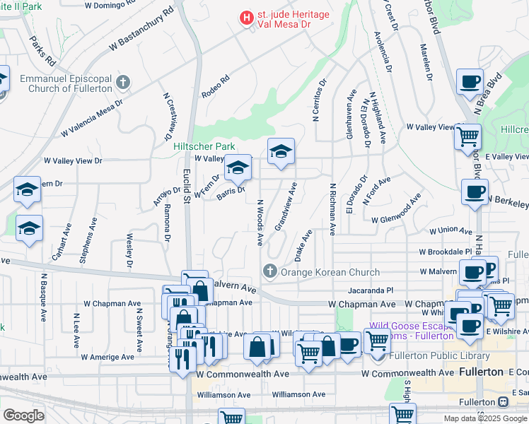 map of restaurants, bars, coffee shops, grocery stores, and more near 822 North Woods Avenue in Fullerton