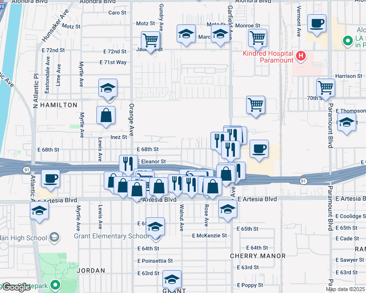 map of restaurants, bars, coffee shops, grocery stores, and more near 1601 East 68th Street in Long Beach