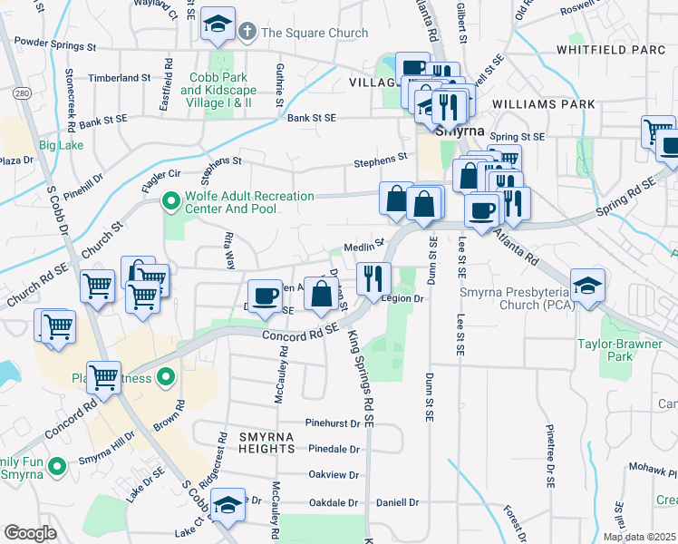 map of restaurants, bars, coffee shops, grocery stores, and more near 3087 Dunton Street in Smyrna