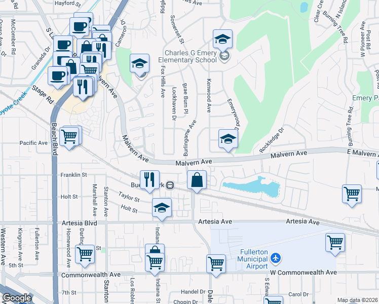map of restaurants, bars, coffee shops, grocery stores, and more near 5642 Burlingame Avenue in Buena Park