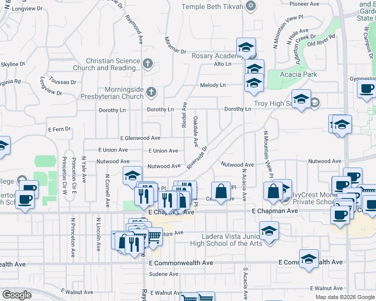 map of restaurants, bars, coffee shops, grocery stores, and more near 917 Oakdale Avenue in Fullerton