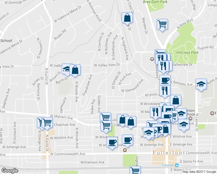 map of restaurants, bars, coffee shops, grocery stores, and more near 822 North Richman Avenue in Fullerton