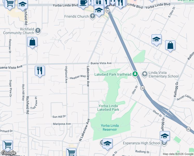 map of restaurants, bars, coffee shops, grocery stores, and more near 5671 Vía Ceresa in Yorba Linda