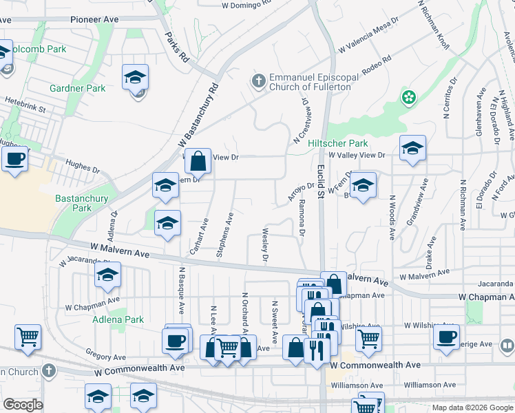 map of restaurants, bars, coffee shops, grocery stores, and more near 1107 Norby Lane in Fullerton