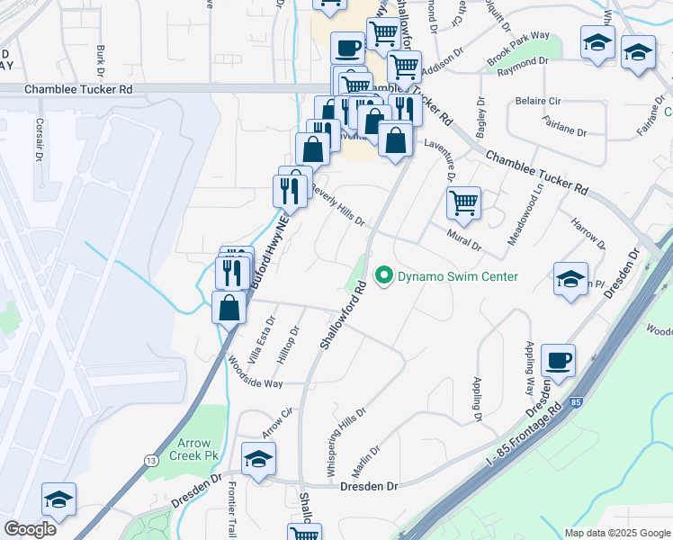 map of restaurants, bars, coffee shops, grocery stores, and more near 3128 Shallowford Place in Chamblee