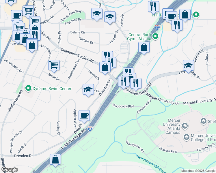 map of restaurants, bars, coffee shops, grocery stores, and more near 3118 Quantum Lane in Chamblee
