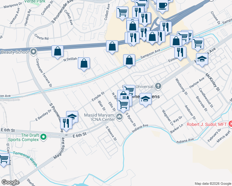 map of restaurants, bars, coffee shops, grocery stores, and more near 3939 Byron Street in Corona