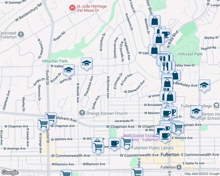 map of restaurants, bars, coffee shops, grocery stores, and more near 822 North Richman Avenue in Fullerton