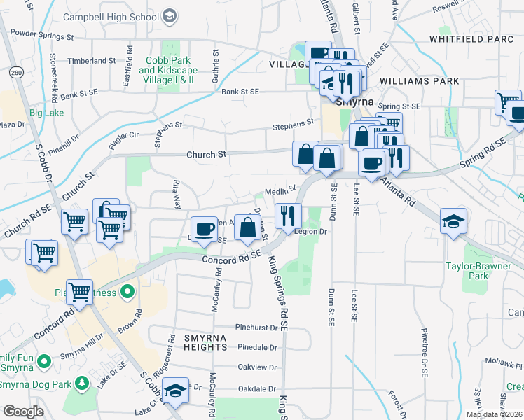 map of restaurants, bars, coffee shops, grocery stores, and more near 3087 Dunton Street in Smyrna