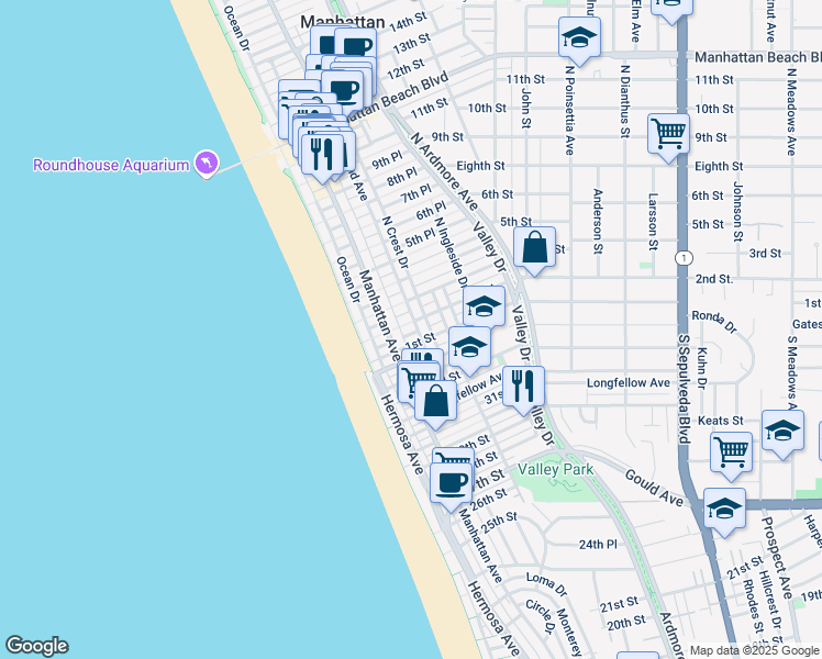 map of restaurants, bars, coffee shops, grocery stores, and more near 224 2nd Place in Manhattan Beach