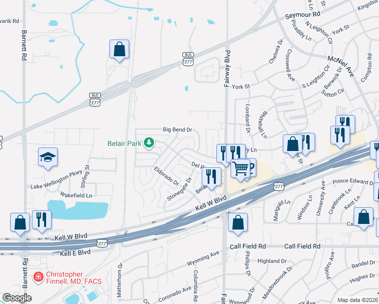 map of restaurants, bars, coffee shops, grocery stores, and more near 4803 Big Bend Drive in Wichita Falls