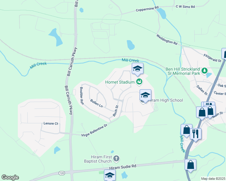 map of restaurants, bars, coffee shops, grocery stores, and more near 504 Baywood Way in Hiram