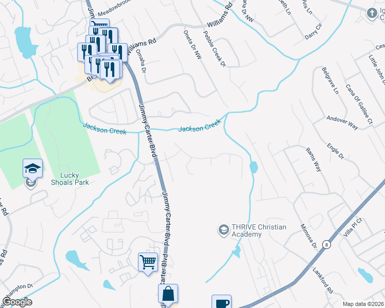 map of restaurants, bars, coffee shops, grocery stores, and more near 6139 Rotondo Place in Norcross