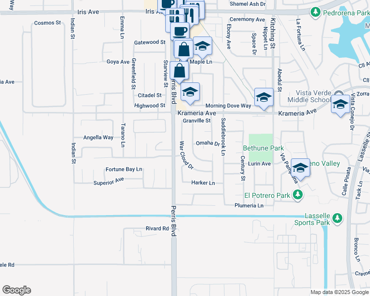 map of restaurants, bars, coffee shops, grocery stores, and more near 16604 War Cloud Drive in Moreno Valley