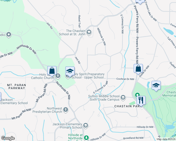 map of restaurants, bars, coffee shops, grocery stores, and more near 4515 Jettridge Drive Northwest in Atlanta
