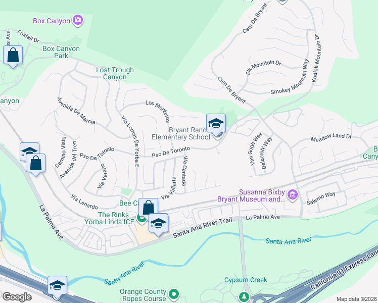 map of restaurants, bars, coffee shops, grocery stores, and more near 24670 Paseo De Toronto in Yorba Linda