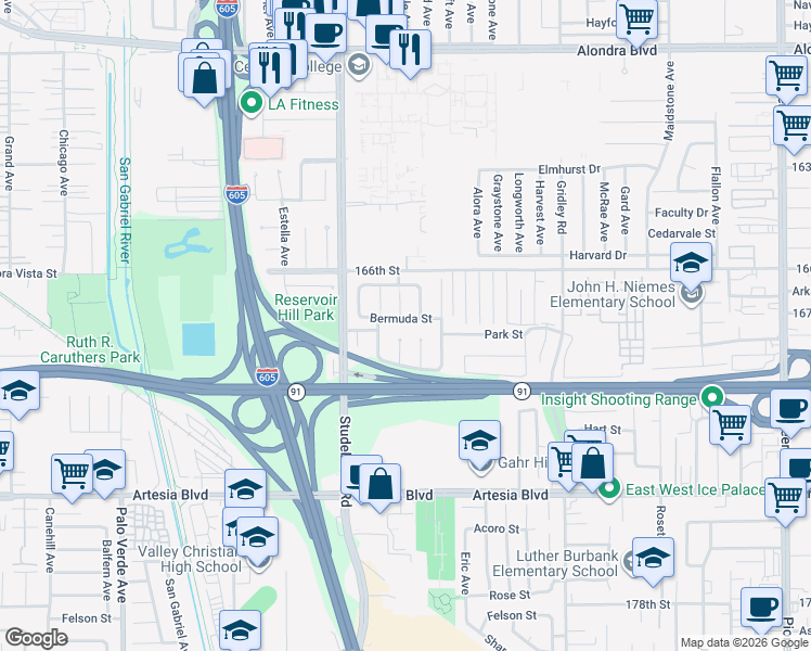 map of restaurants, bars, coffee shops, grocery stores, and more near 11102 Bermuda Street in Cerritos