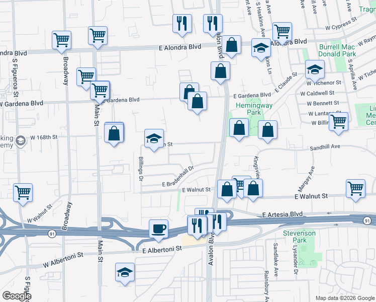 map of restaurants, bars, coffee shops, grocery stores, and more near 447 East Moorehaven Drive in Carson
