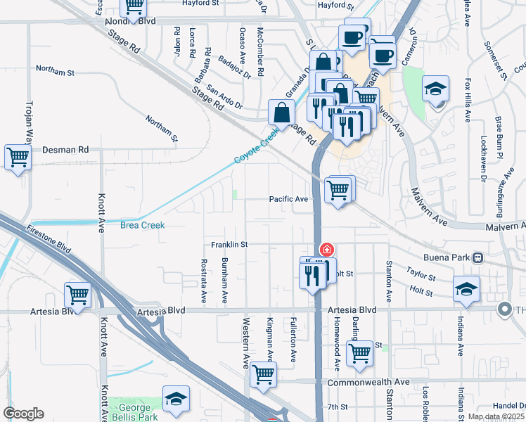 map of restaurants, bars, coffee shops, grocery stores, and more near 7542 Pacific Avenue in Buena Park