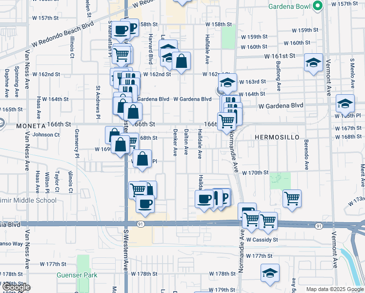 map of restaurants, bars, coffee shops, grocery stores, and more near 16720 Dalton Avenue in Gardena
