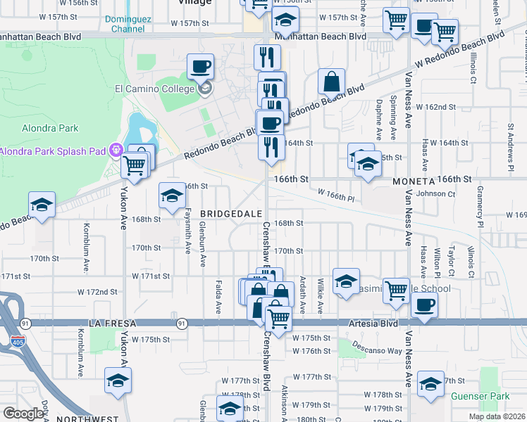 map of restaurants, bars, coffee shops, grocery stores, and more near 16642 Crenshaw Boulevard in Torrance