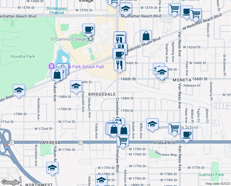 map of restaurants, bars, coffee shops, grocery stores, and more near 16645 Crenshaw Boulevard in Torrance