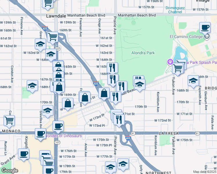 map of restaurants, bars, coffee shops, grocery stores, and more near 4042 167th Street in Lawndale