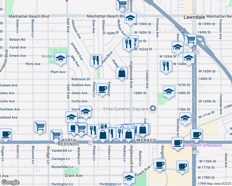 map of restaurants, bars, coffee shops, grocery stores, and more near 2610 Graham Avenue in Redondo Beach