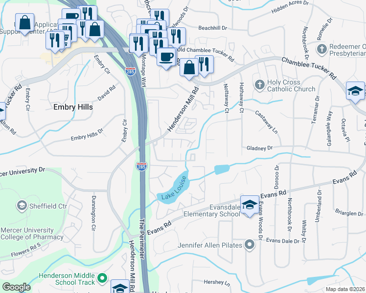 map of restaurants, bars, coffee shops, grocery stores, and more near 3491 Ashwood Lane in Atlanta