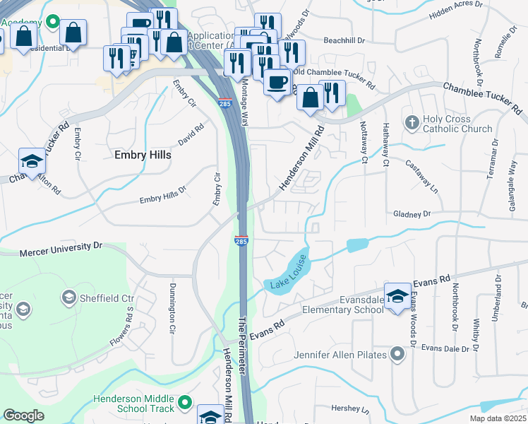 map of restaurants, bars, coffee shops, grocery stores, and more near in DeKalb County