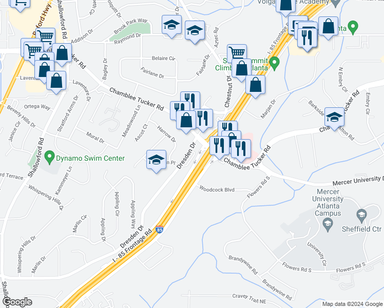 map of restaurants, bars, coffee shops, grocery stores, and more near 3118 Quantum Lane in Chamblee