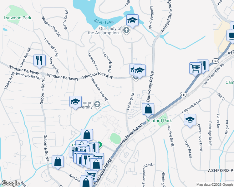 map of restaurants, bars, coffee shops, grocery stores, and more near 3051 Oglethorpe Way Northeast in Atlanta