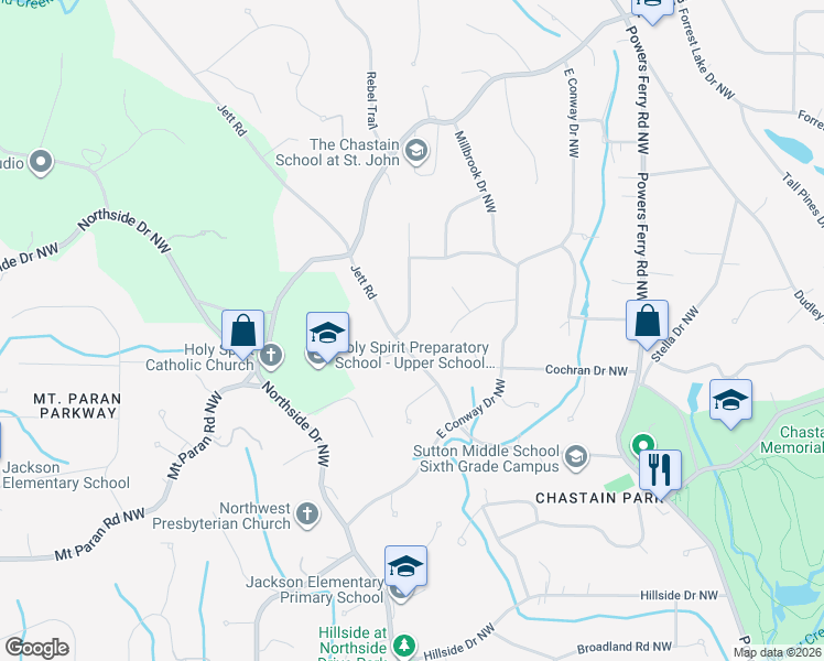 map of restaurants, bars, coffee shops, grocery stores, and more near 4515 Jettridge Drive Northwest in Atlanta