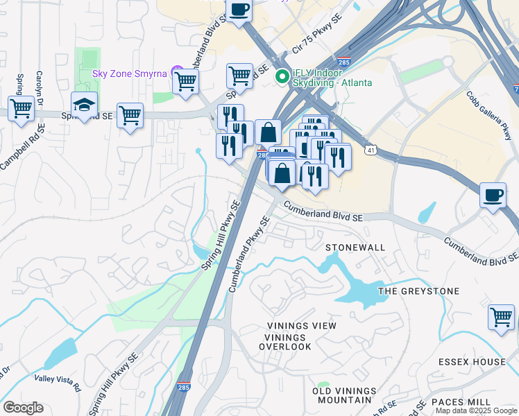 map of restaurants, bars, coffee shops, grocery stores, and more near 2755 Cumberland Parkway Southeast in Atlanta