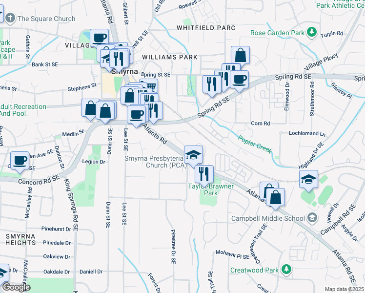 map of restaurants, bars, coffee shops, grocery stores, and more near 3002 Montclair Circle Southeast in Smyrna