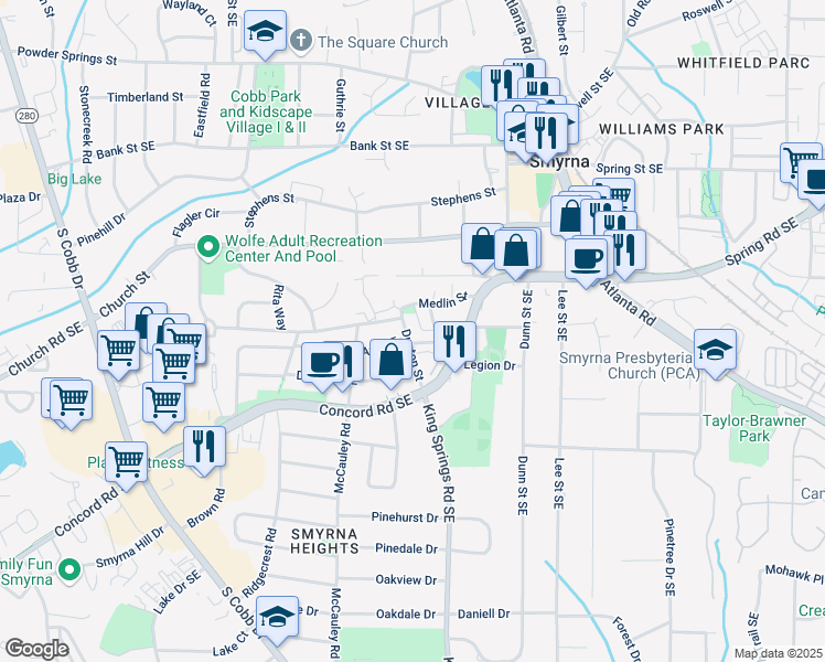 map of restaurants, bars, coffee shops, grocery stores, and more near 3087 Dunton Street in Smyrna