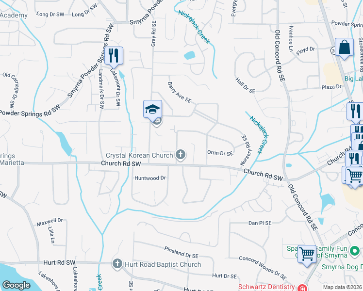 map of restaurants, bars, coffee shops, grocery stores, and more near 551 Norton Circle Southeast in Smyrna