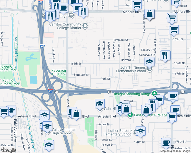 map of restaurants, bars, coffee shops, grocery stores, and more near Elmcroft Avenue in Artesia