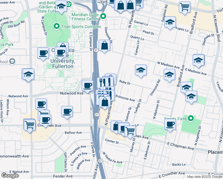 map of restaurants, bars, coffee shops, grocery stores, and more near 911 North Placentia Avenue in Fullerton