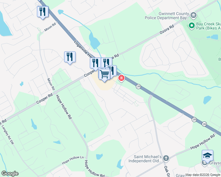 map of restaurants, bars, coffee shops, grocery stores, and more near 2715 Loganville Highway Southwest in Loganville