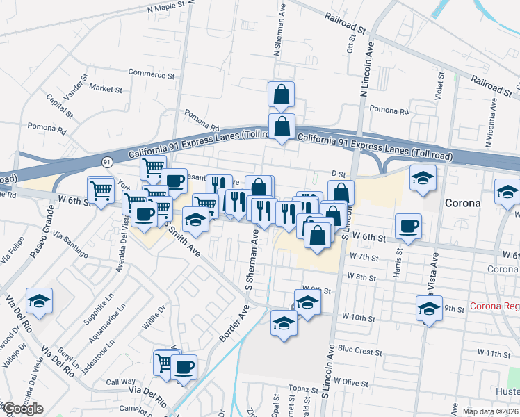 map of restaurants, bars, coffee shops, grocery stores, and more near 80 Summerwood Court in Corona