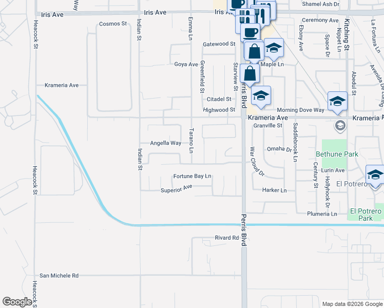 map of restaurants, bars, coffee shops, grocery stores, and more near 24721 Angella Way in Moreno Valley