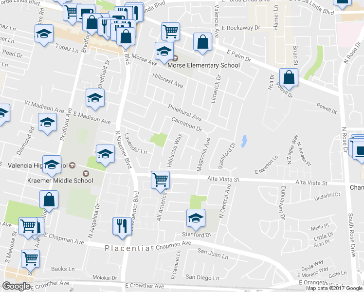 map of restaurants, bars, coffee shops, grocery stores, and more near 921 Azalea Avenue in Placentia